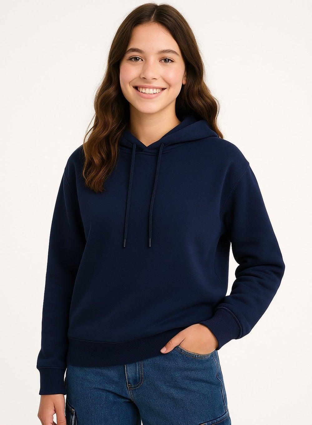 Navy Cotton Fleece Hoodie with Drawstring Comfort - Image 1