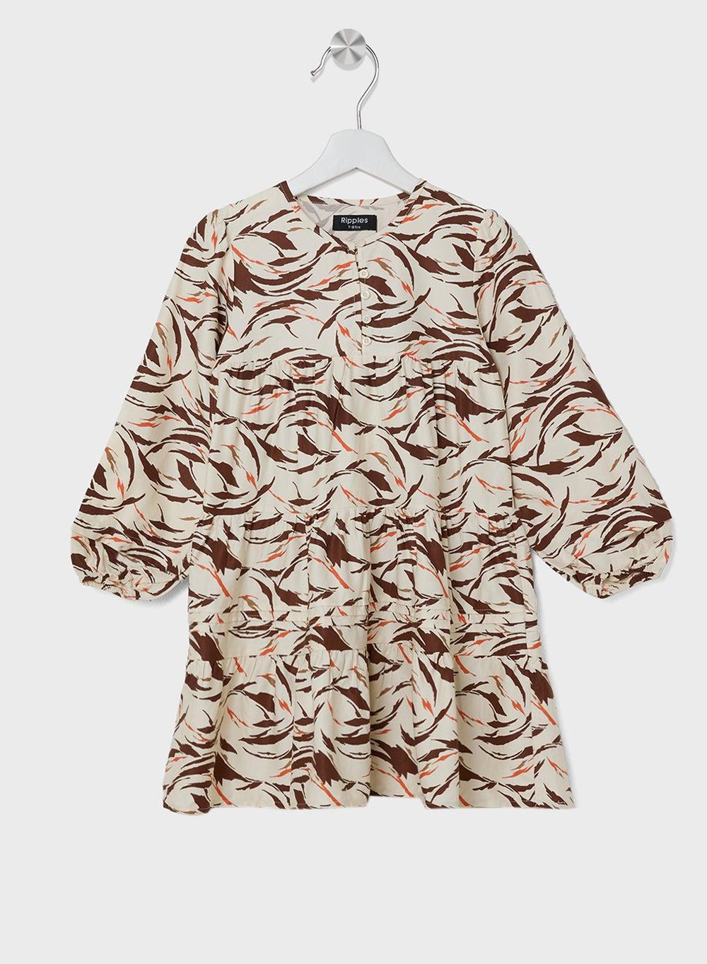 Girls Tiered Midi Dress Beige Abstract Print - Image 1