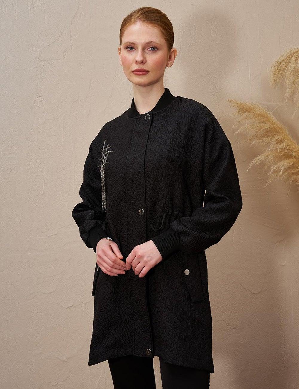 Black Belted Quilted Jacket with Ribbed Collar - Image 1