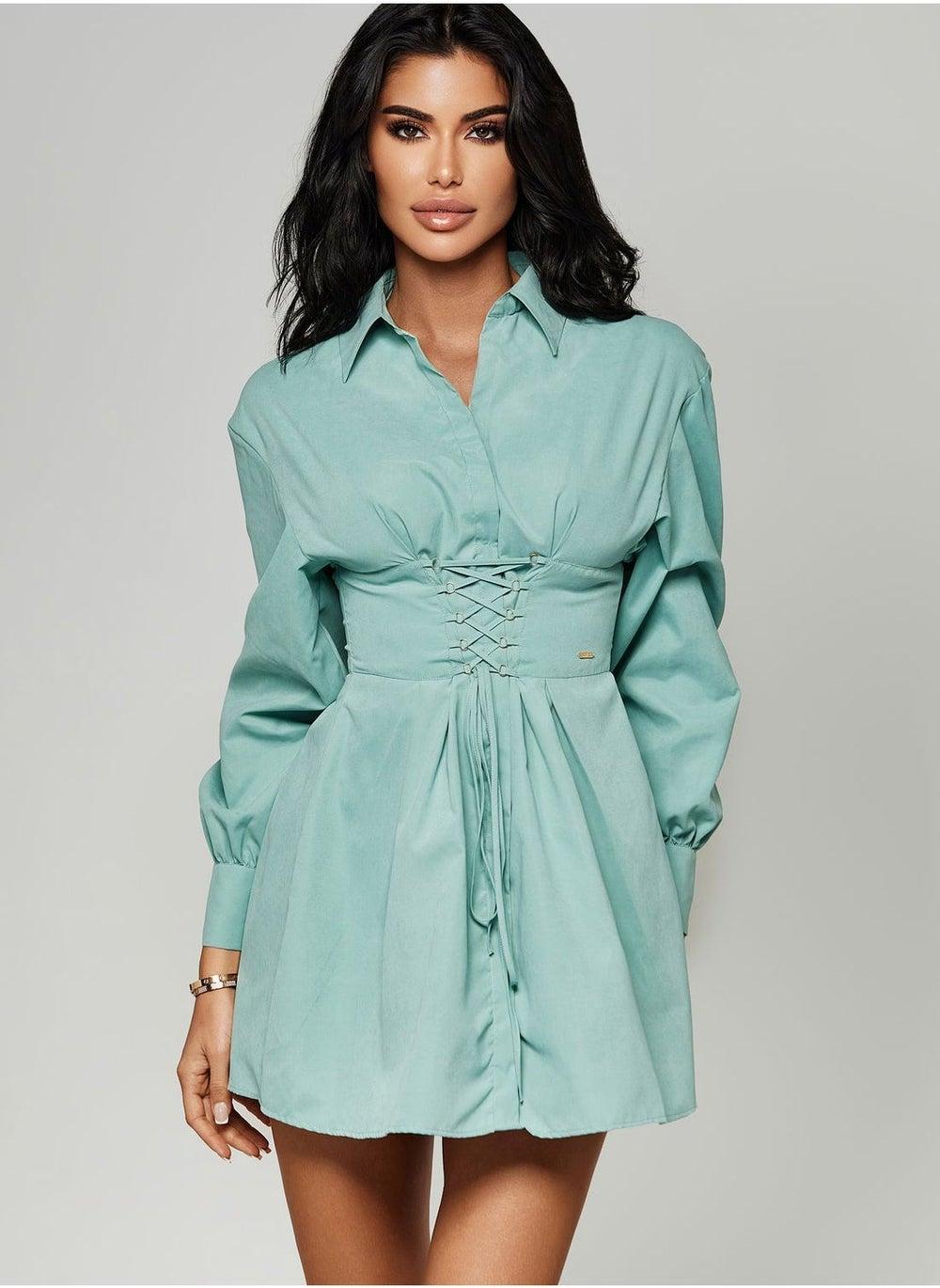 Mint Green Lace-Up Corset Shirt Mini Dress - Image 1