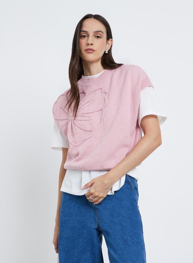 Styli Floral Ribbed Trim High-Neck Top - Image 1