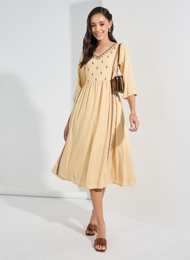 Embroidered A-Line Midi Dress 7008339902 Beige - Image 1