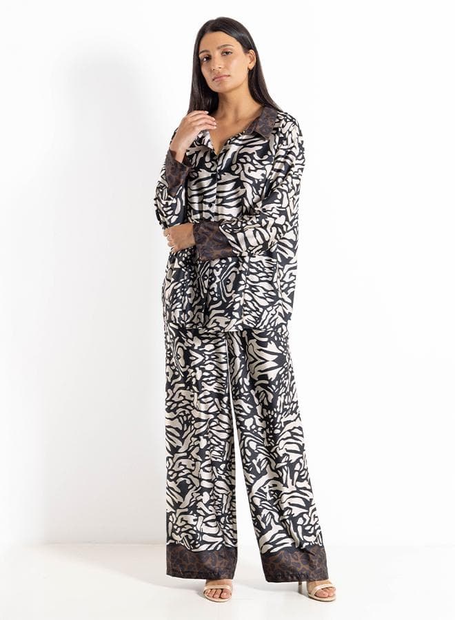 Abstract Print Satin Lounge Set Black - Image 1