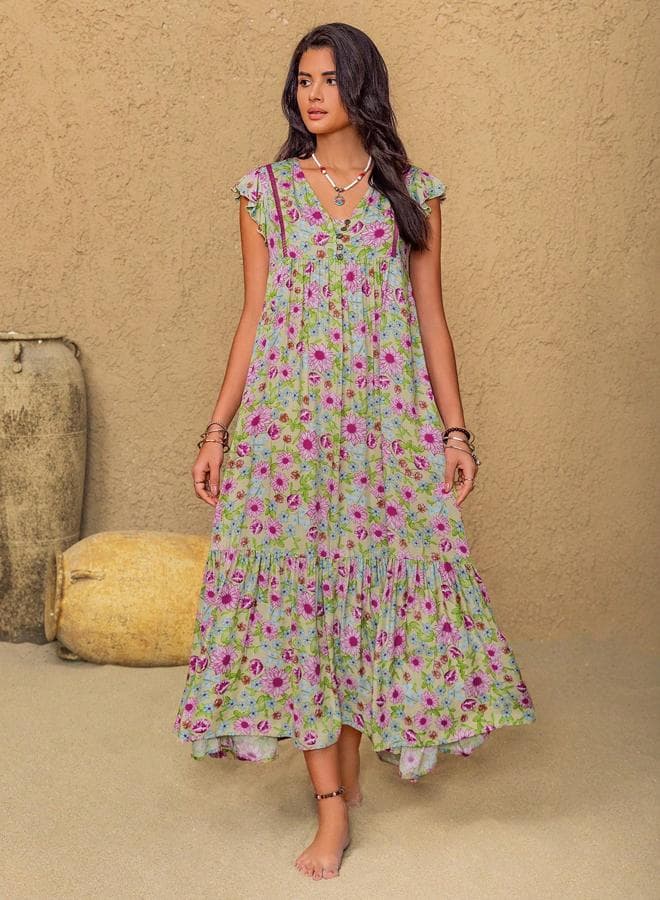 Floral V-Neck Midi Dress in Soft Viscose - Image 1