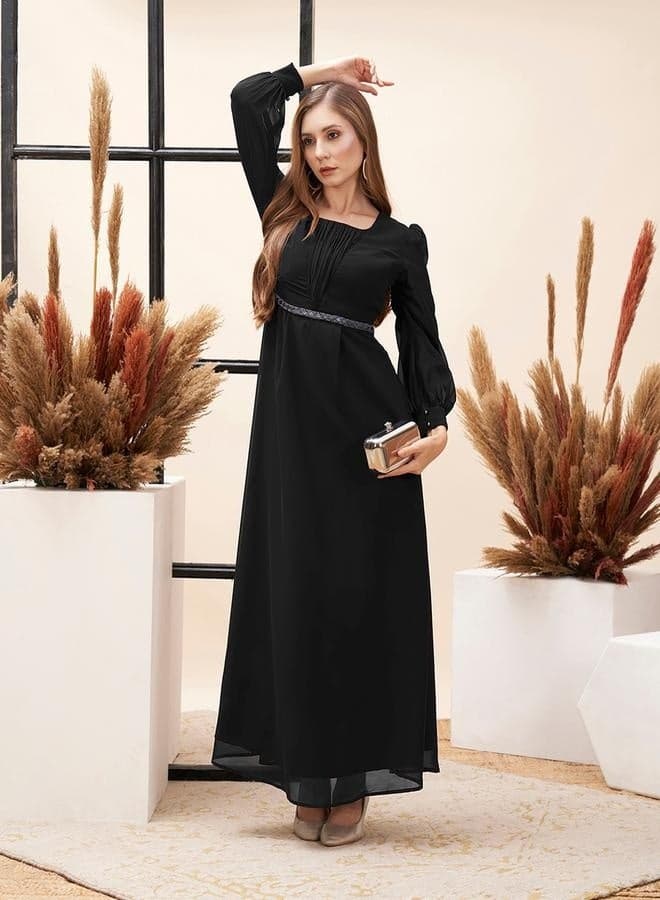 Black Empire Waist Maxi Dress with Square Neckline - Image 1