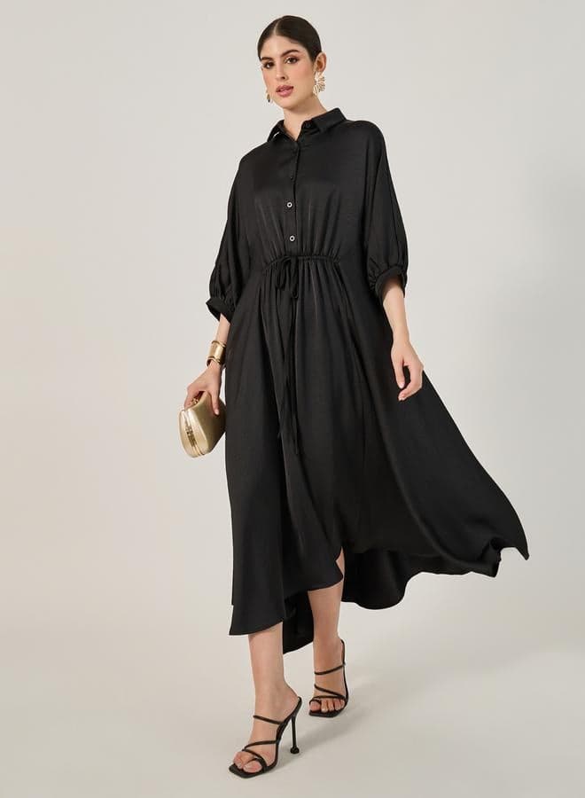 Styli Black Ruched Waist Buttoned Midi Shirt Dress - Image 1