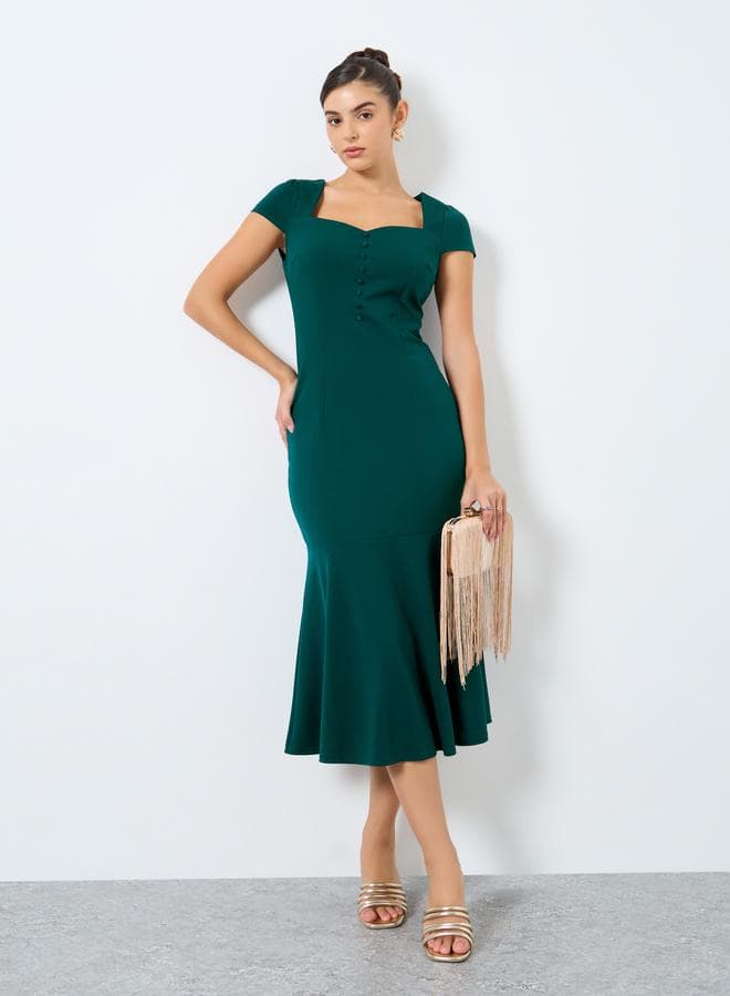Styli Sweetheart Neck Mermaid Midi Dress Dark Green - Image 1