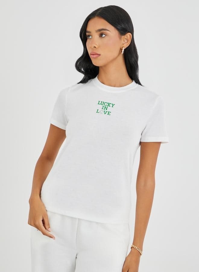 White Embroidered Round Neck Graphic T-Shirt - Image 1