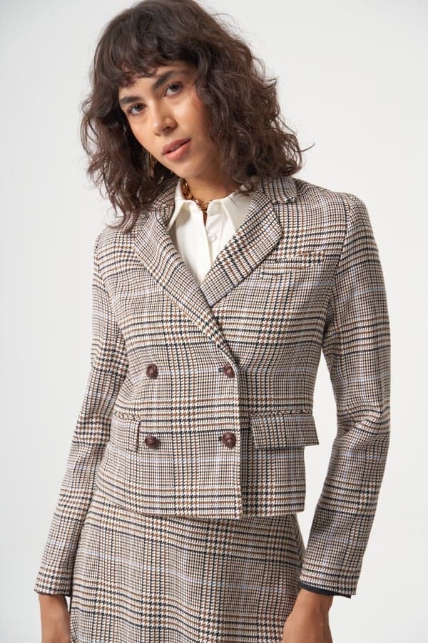 Beige Plaid Woven Jacket Classic Fit Button Detail - Image 1