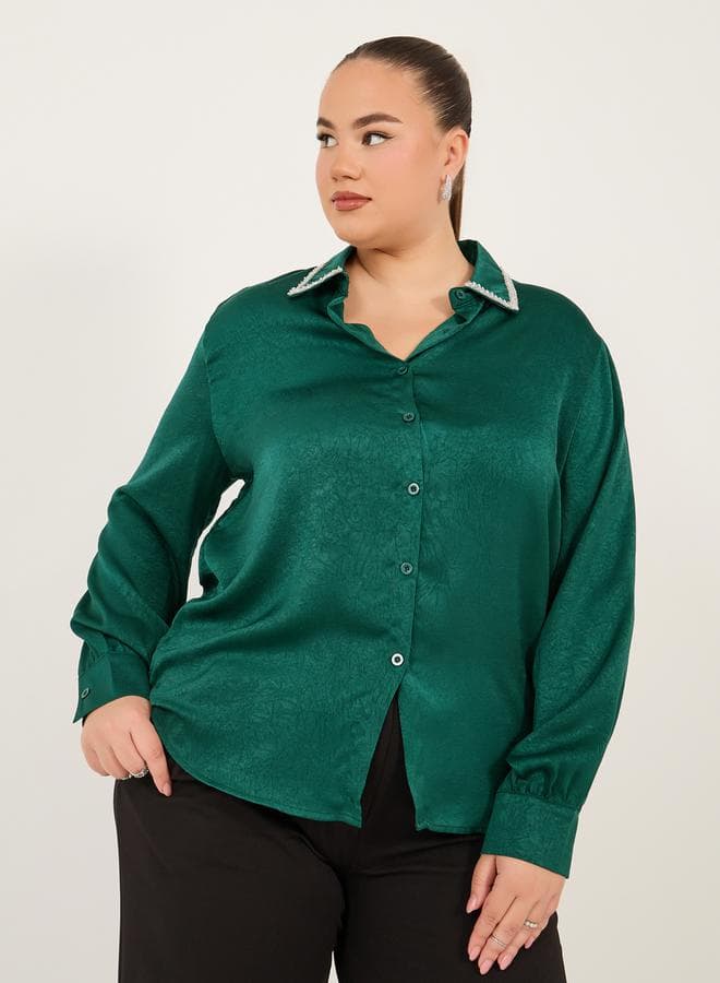 Dark Green Embellished Collar Plus Size Shirt 7011886636 - Image 1