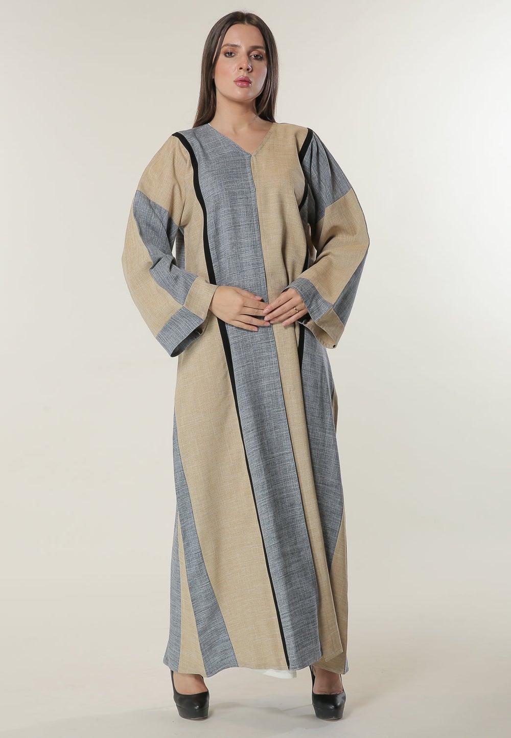 Multicolor Colorblock Casual Abaya V-Neck Long Sleeve - Image 1
