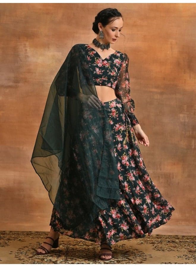 Dark Green Red Floral Lehenga Choli Organza Dupatta Set - Image 1