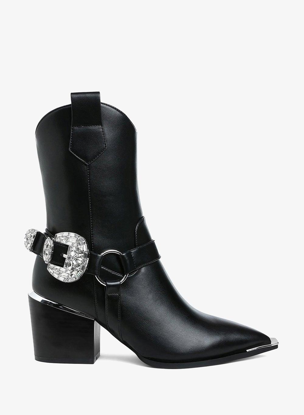 Black Diamante Buckle Ankle Boots Sh5101 Mid Heel - Image 1