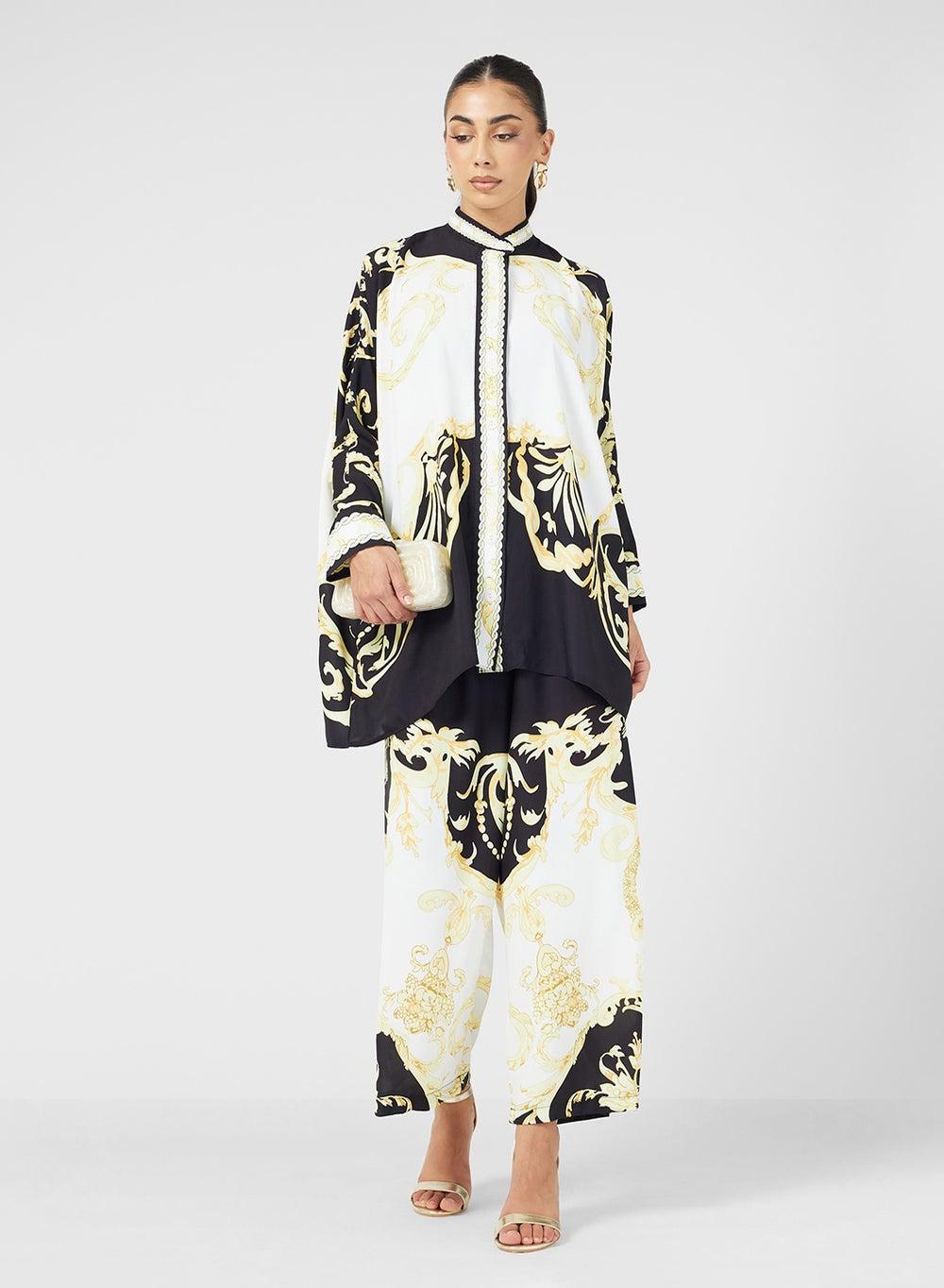 Black & White Golden Floral Two-Piece Kaftan Set - Image 1