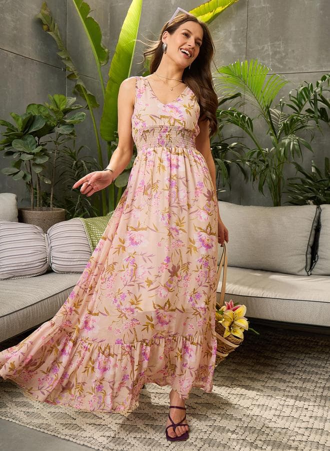 Sassafras Beige Floral Sleeveless Maxi Dress V-Neck - Image 1