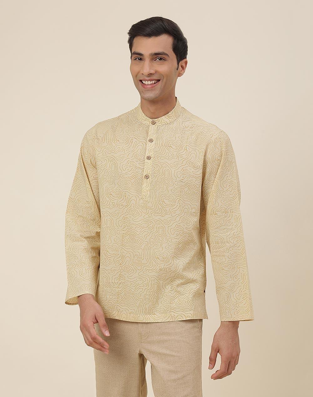 Yellow Printed Cotton Mid Placket Shirt for Men - Image 1