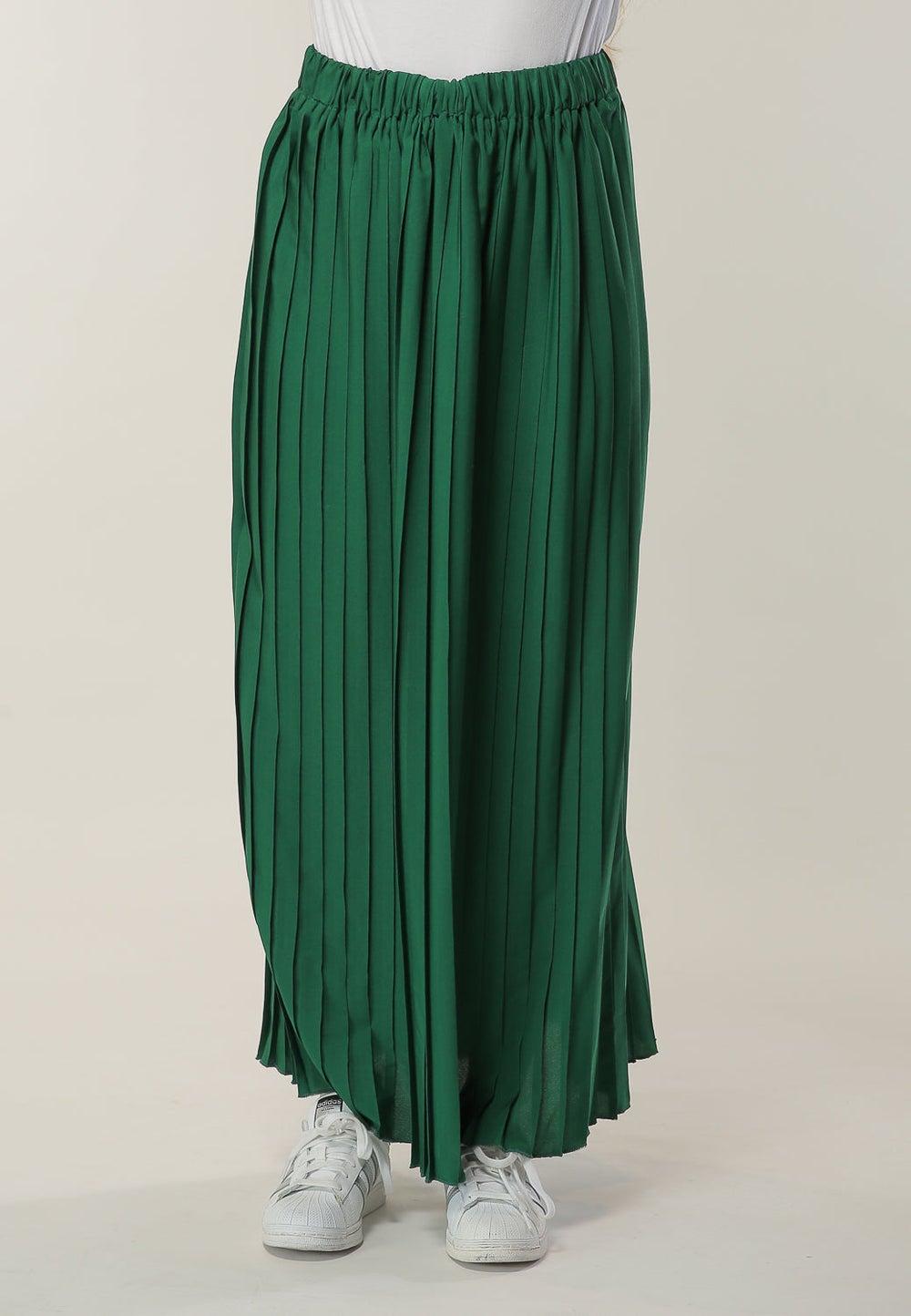 Pleated High-Waist Green Maxi Skirt for Women - Image 1