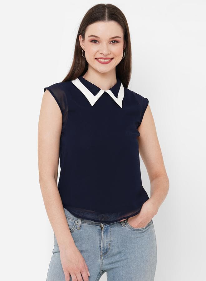 Navy Contrast Collar Sleeveless Top 7009764822 - Image 1