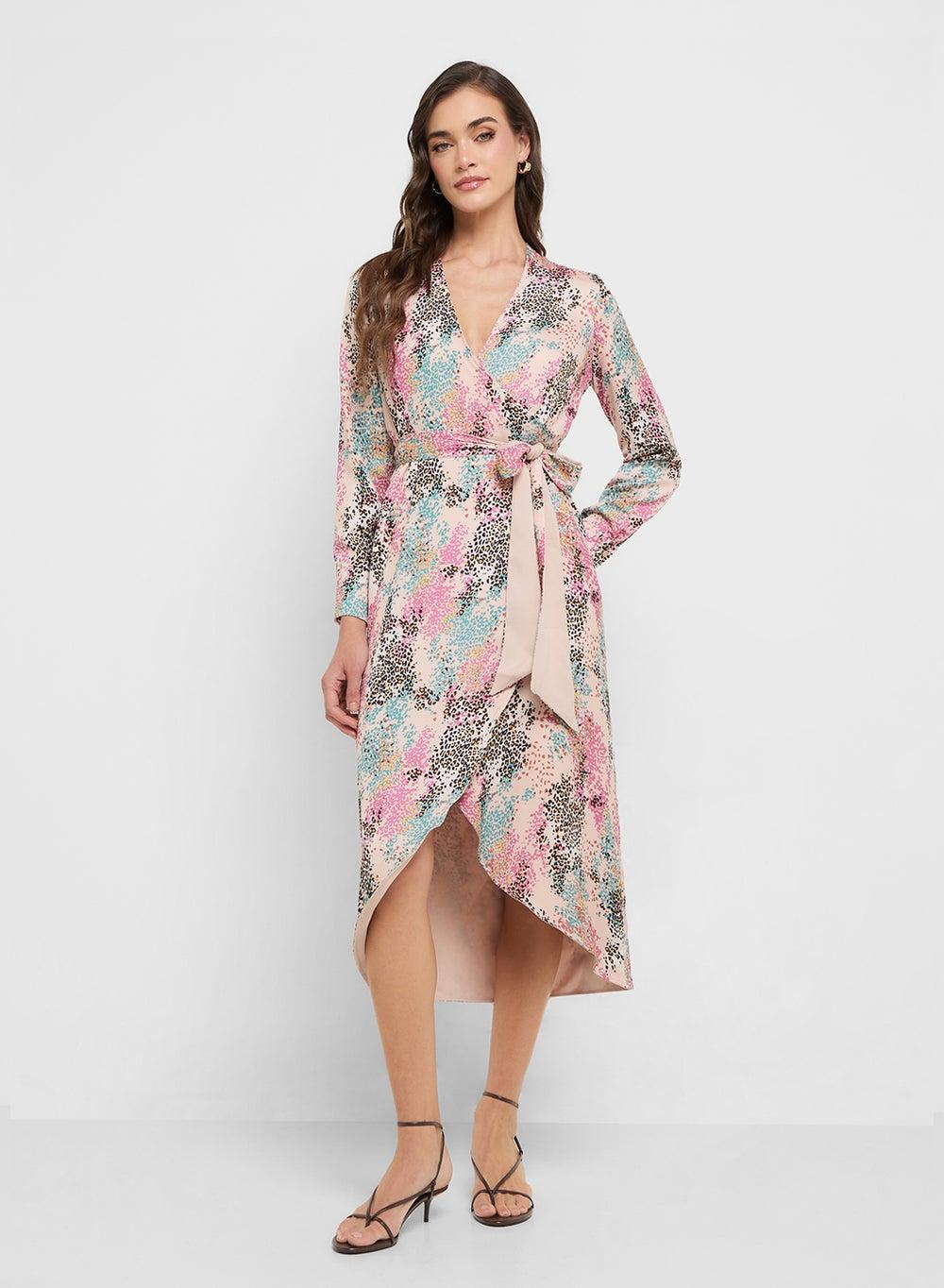 Fergieanimal Floral Wrap Midi Dress in Pink Multi - Image 1