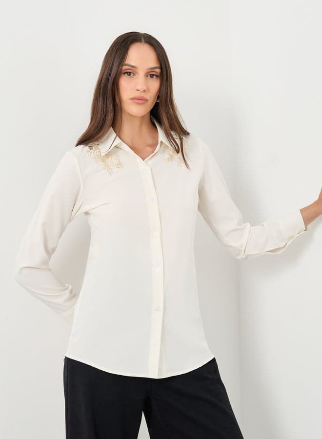 Cream Floral Embroidered Collared Shirt - Image 1