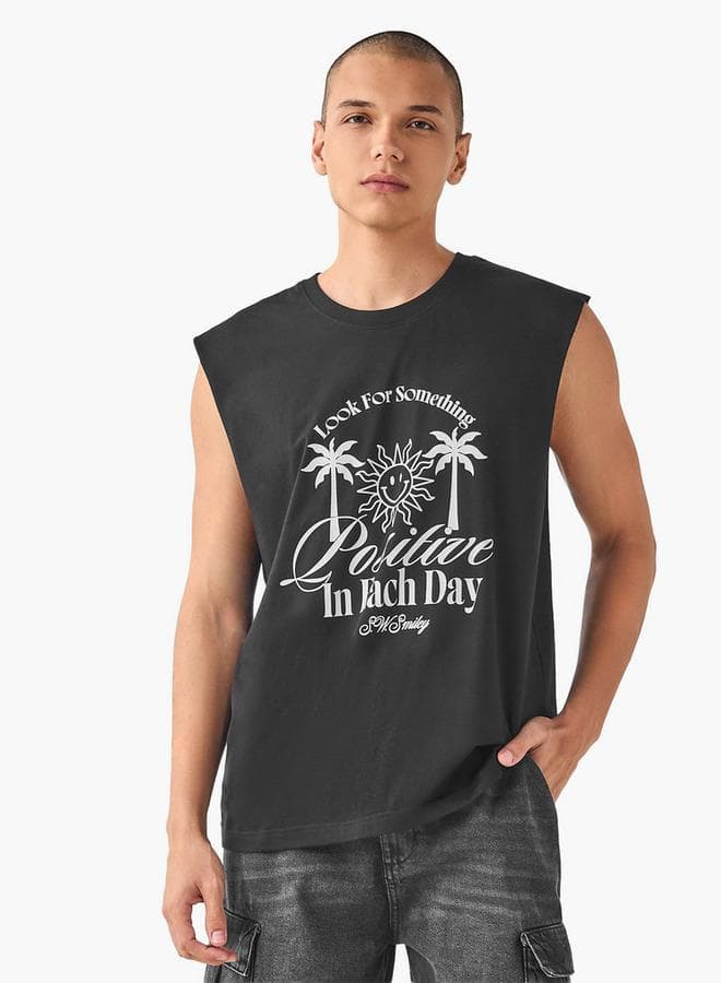 Men’s Black Graphic Print Sleeveless Cotton Blend Vest - Image 1
