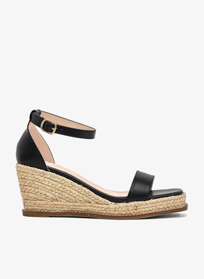 Black PU Double Strap Mid Wedge Sandals - Image 1