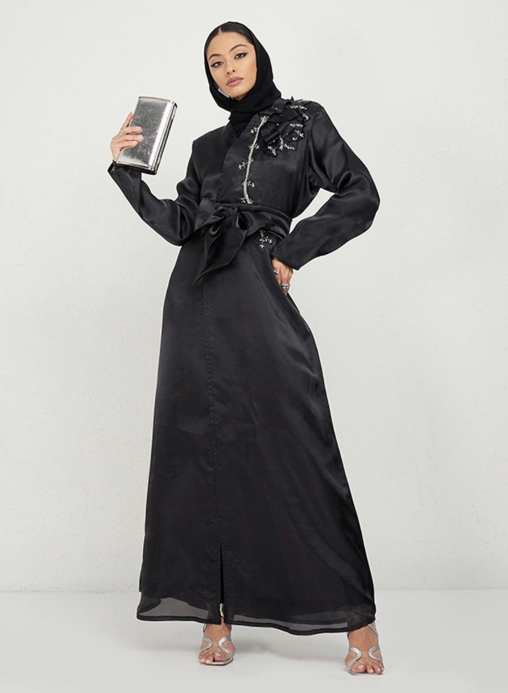 Black Organza Abaya with Floral Embroidery Detail - Image 1