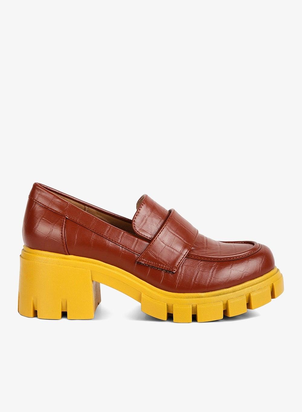Sh4264 Tan Croc-Effect Chunky Heel Loafers - Image 1