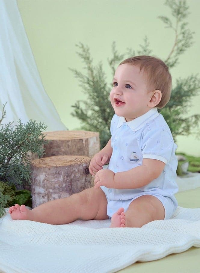 Baby Boy Cotton Polo Romper Sailboat Print Blue - Image 1