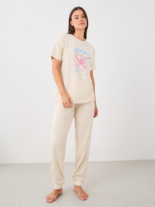 Unwind Graphic Print Cotton Pyjama Set Beige - Image 1