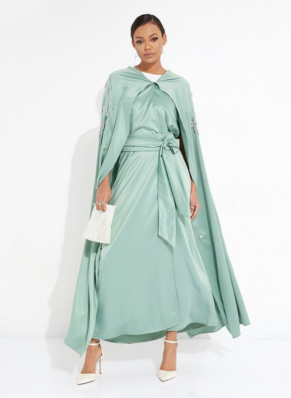 Light Green Flowing Abaya with Pearl Embroidery Belt - Image 1