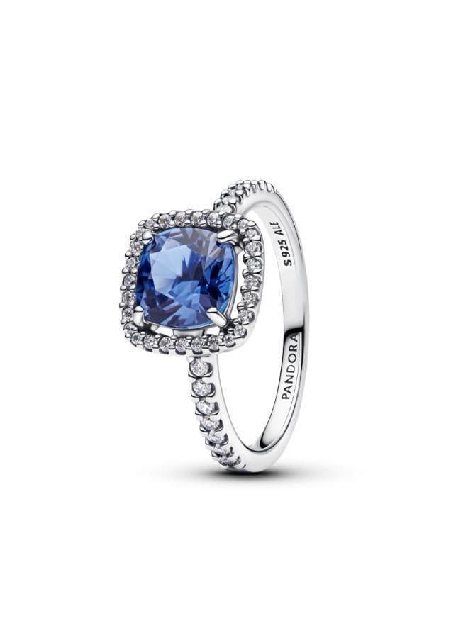 Blue Crystal Square Halo Statement Ring in Sterling Silver - Image 1