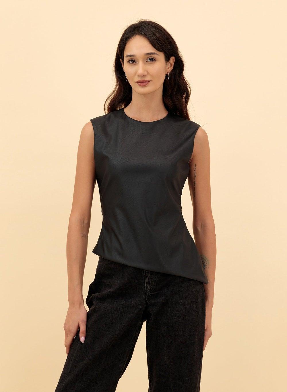 Asymmetric Black Leather Blouse for Women - Image 1
