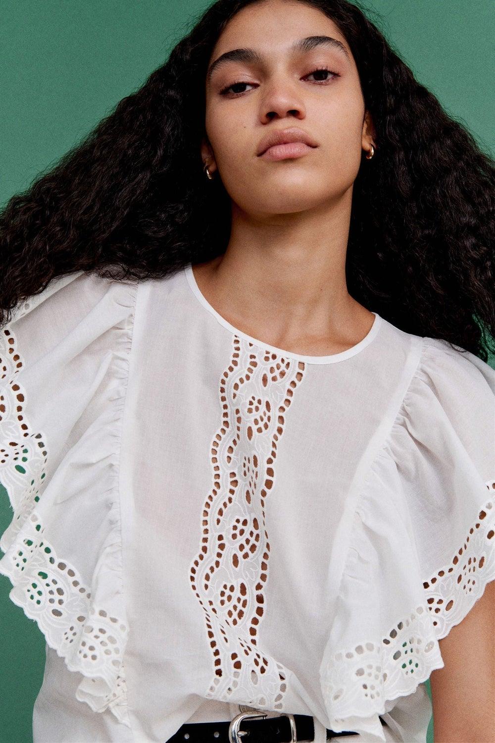 Broderie Anglaise Cotton Blouse with Flounced Sleeves - Image 1