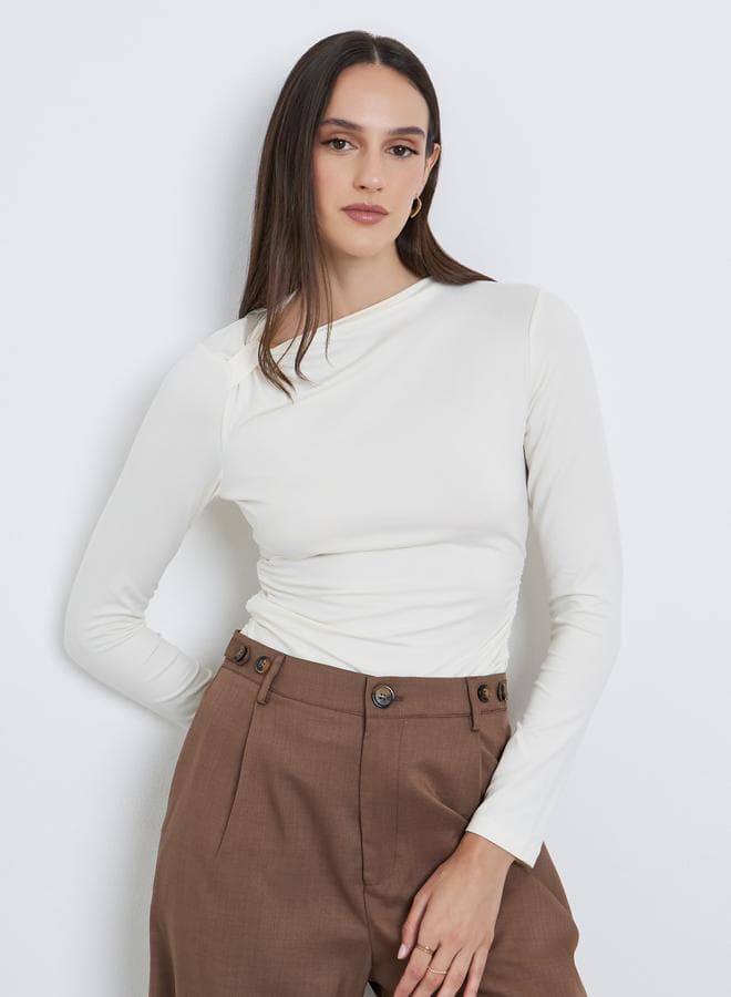 Styli Cream Asymmetric Neck Fitted Top for Women - Image 1