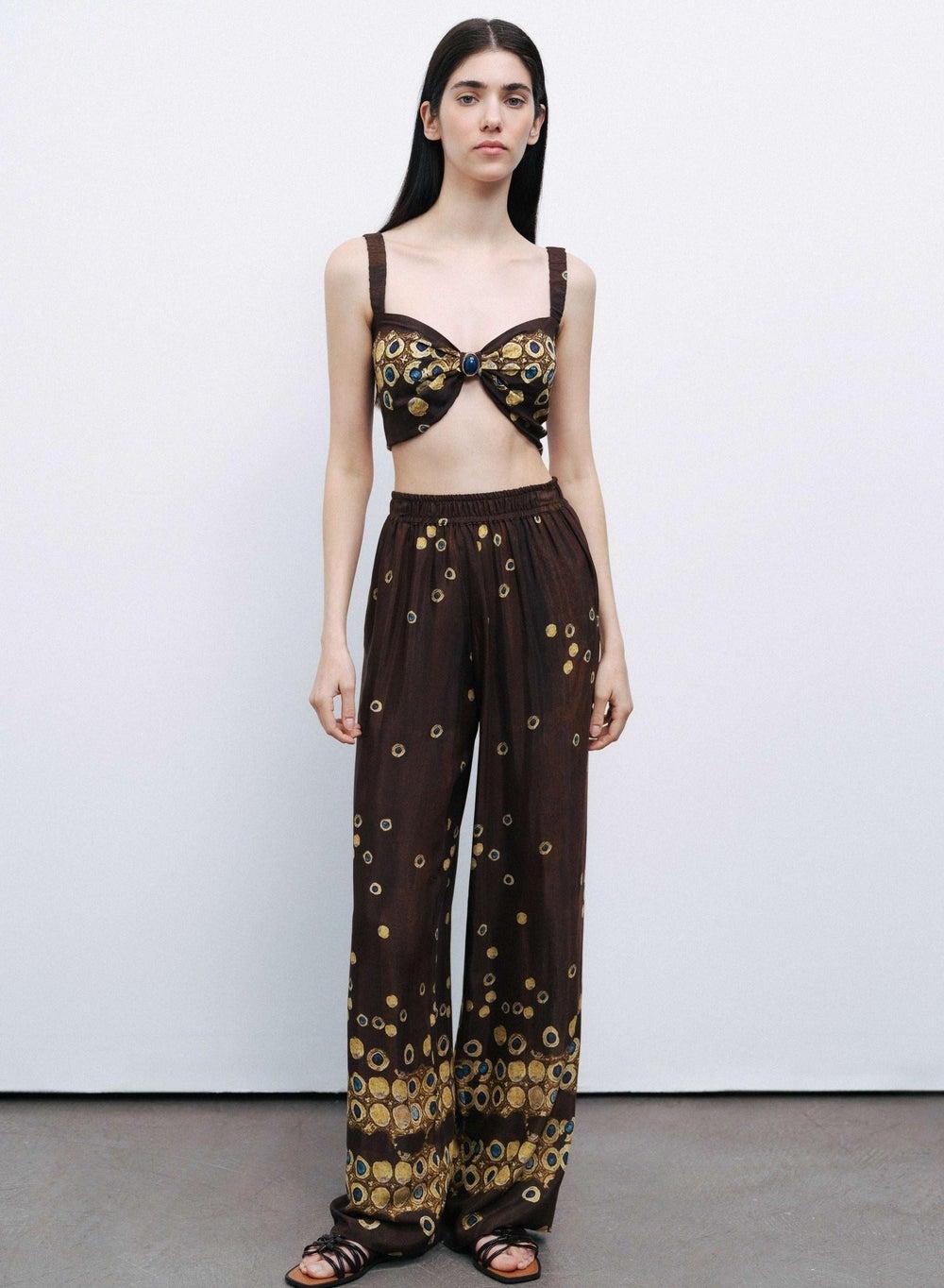 Abstract Wide-Leg Viscose Trousers – Brown & Blue - Image 1