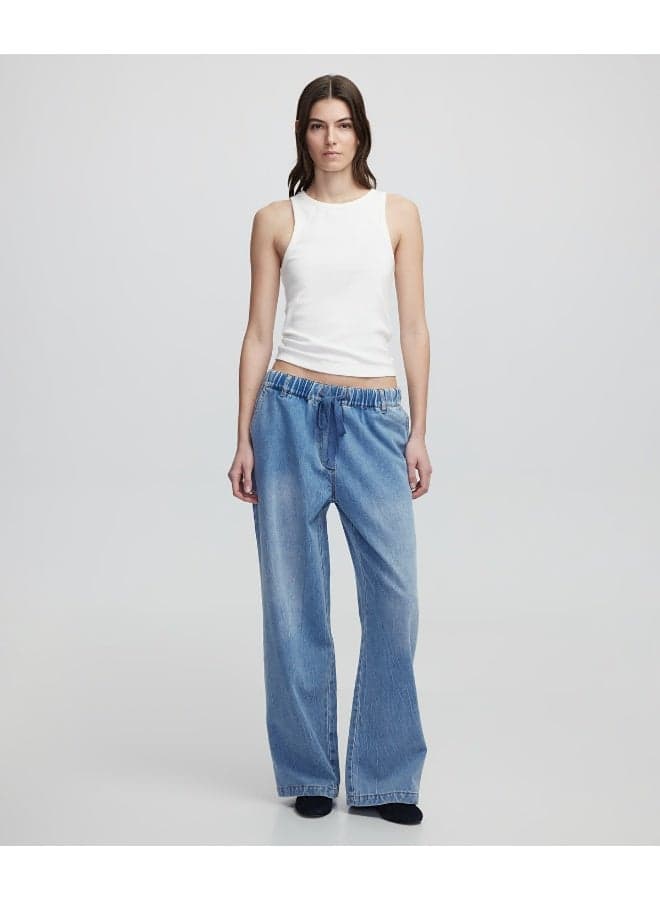 Wide Leg Elastic Waist Denim Jeans – Light Wash - Image 1