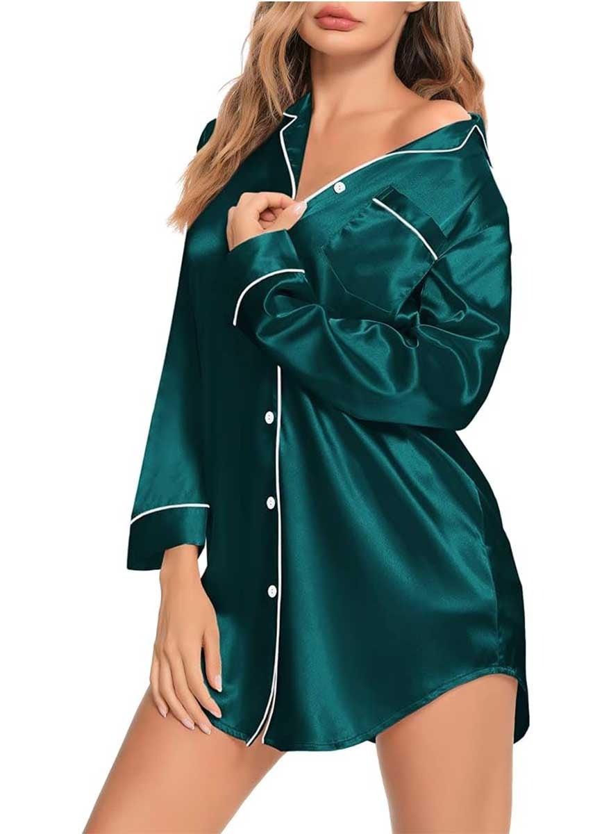 Deep Green Satin Long Sleeve Sleep Shirt Button Down - Image 1