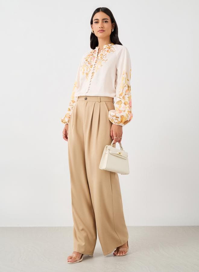 Beige High-Rise Pleated Wide Leg Pants - Image 1