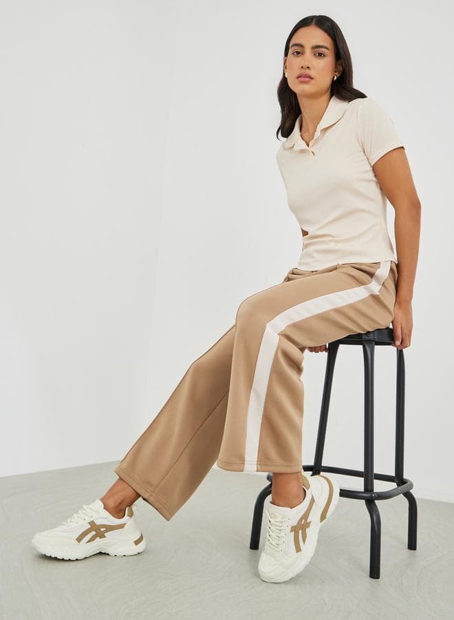 Beige Scuba Wide Leg Joggers with Side Panel - Image 1