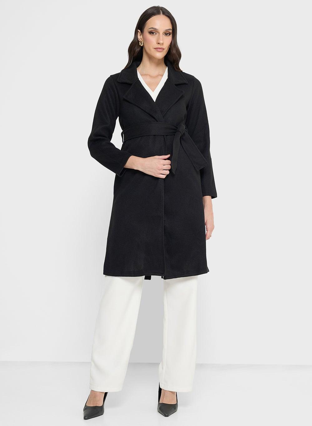 Soft Self Tie Black Collared Overcoat M50063 - Image 1