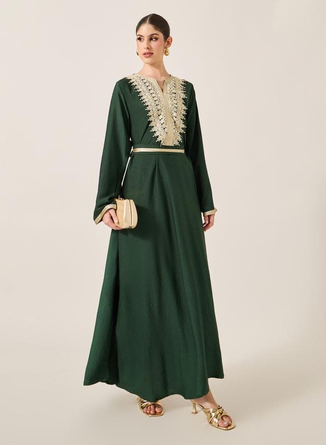 Styli Green Lace Insert Belted Flared Jalabiya 7013518713 - Image 1