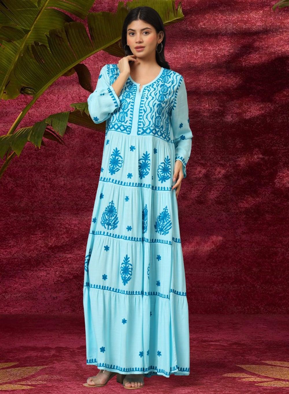 Turquoise Lucknowi Chikankari Rayon Jalabiya AL3935 - Image 1