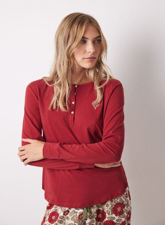 Red Henley Long Sleeve Cotton Tee 327841961 - Image 1