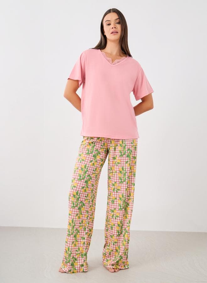 Lace Insert V-Neck Lemon Print Pyjama Set - Image 1