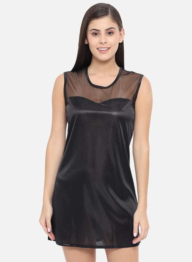 Black Satin Babydoll with Illusion Neckline KLAMOTTEN - Image 1