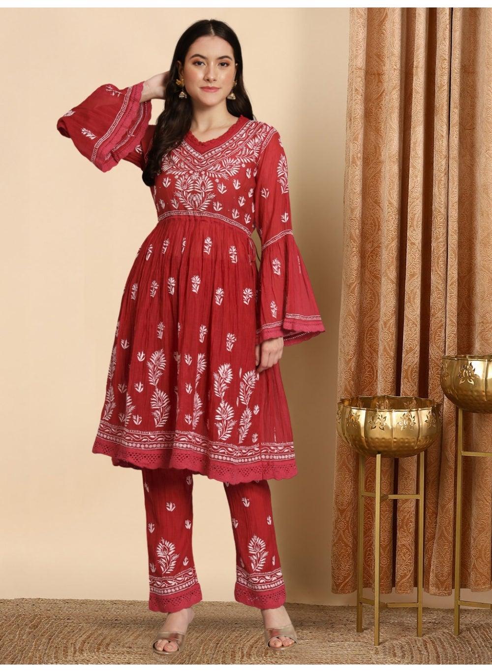 Maroon Chikankari Chanderi Frock Kurta Set AL3661KS - Image 1