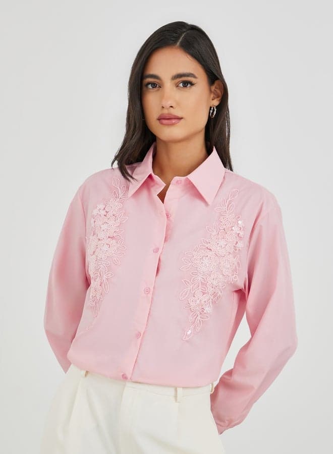 Pink Embroidered Long Sleeve Collared Shirt - Image 1