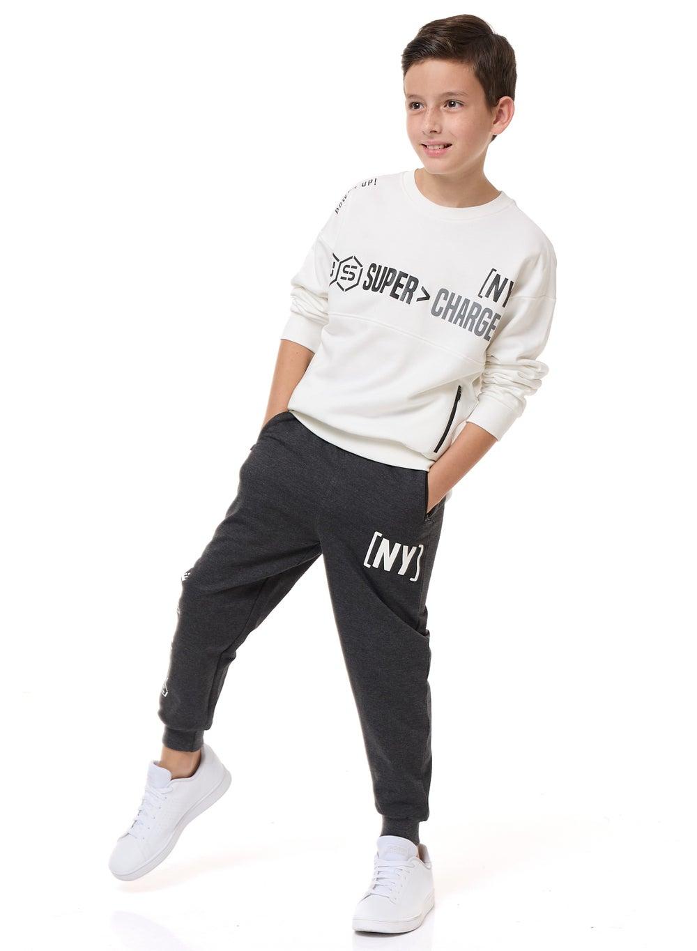 Boys Oversized Cotton Tracksuit Set Ivory Grey - Image 1