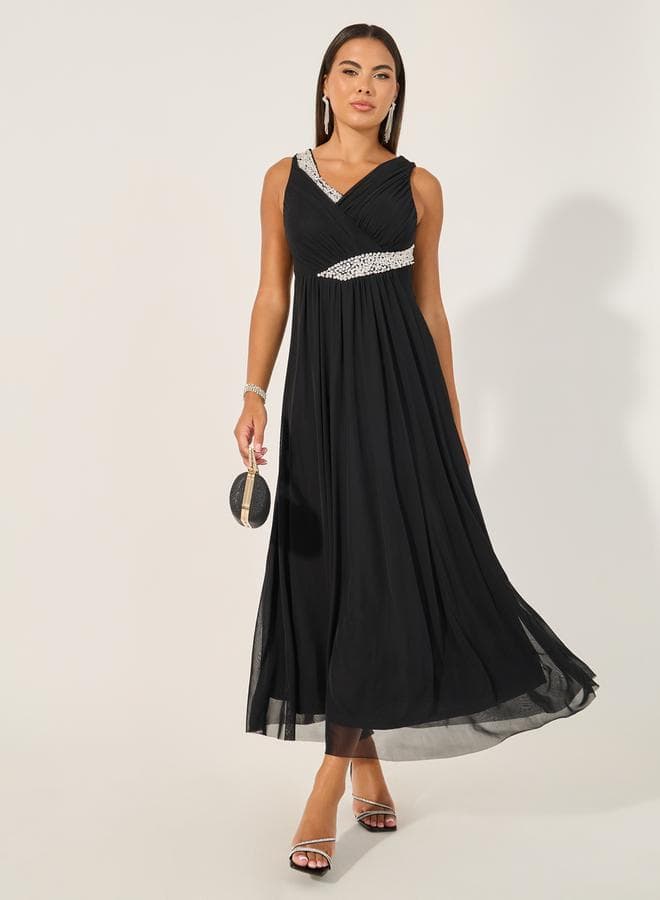Embellished Black Chiffon Maxi Dress 7012103701 - Image 1